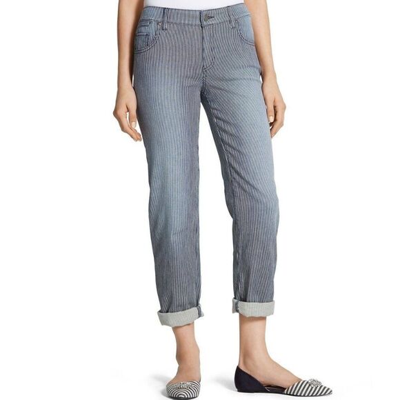 Chico's Jeans Size 1 (8) Boyfriend Railroad Striped - Picture 1 of 16